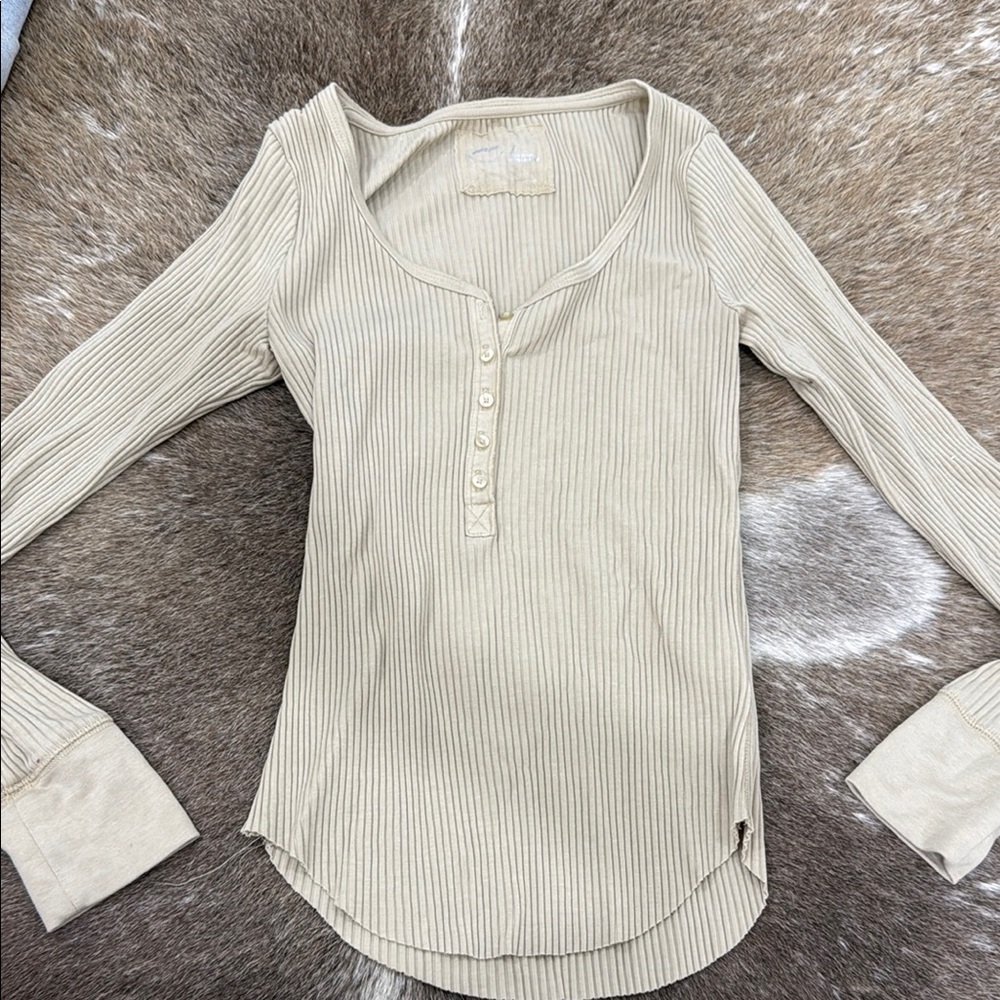 Aerie Cream Ribbed Long Sleeve Top